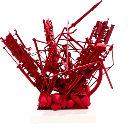 Dysprosium 66, 2019 - 2021
Composition de divers déchets informatiques et éléments obsolètes variées : extincteur, masque de protection... Pigments projetés. 
Composition of various computer waste and obsolete items: fire extinguishers, protective masks, etc. Sprayed pigments.
210 x 170 x 135 cm