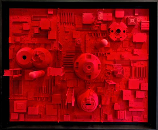 Nicolas Delay   U92, 2023 Composition de divers déchets, bois, pigments projetés.  100 x 120 cm